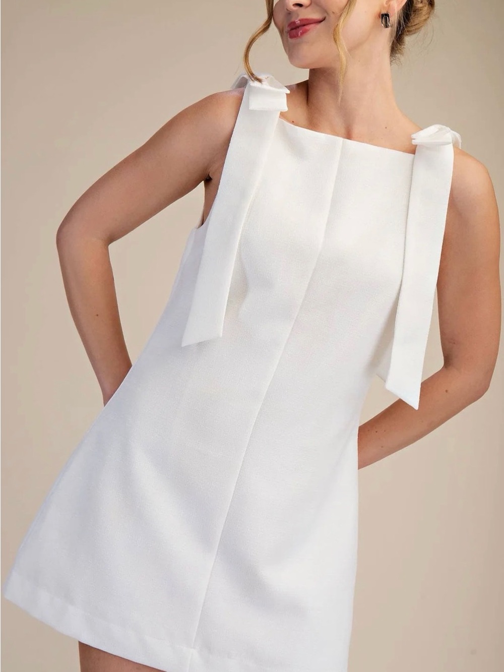 GLAM Straight Neckline Mini Bow Dress - White